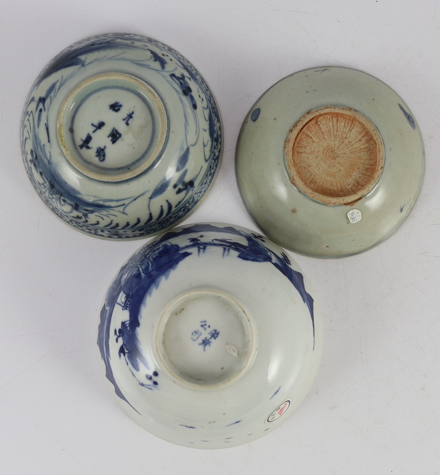 Two Chinese Ming blue and white bowls and a 19th century Chinese blue and white bowl, largest 13.5 cm (3)